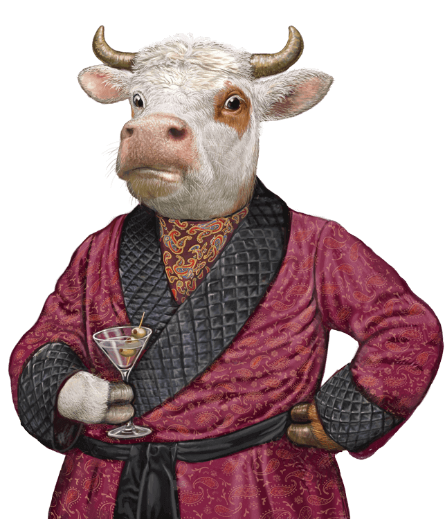 Anthropomorphic cow in a velvet burgundy robe, holding a martini and posing confidently.